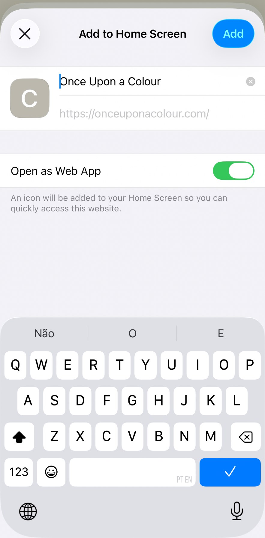 The Add to Home Screen panel on an iPhone with the Add button