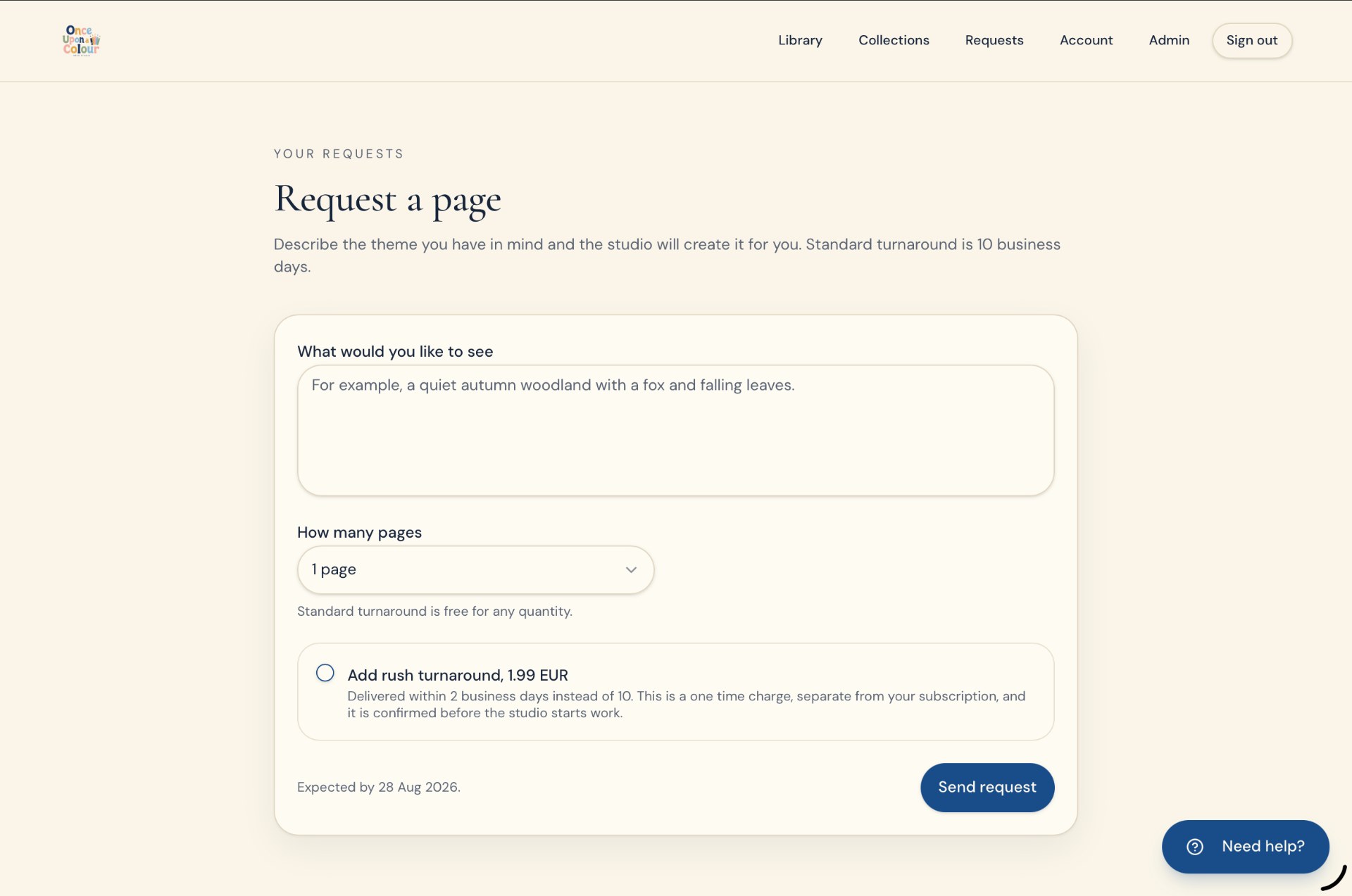 The request a page form with page count and rush turnaround options