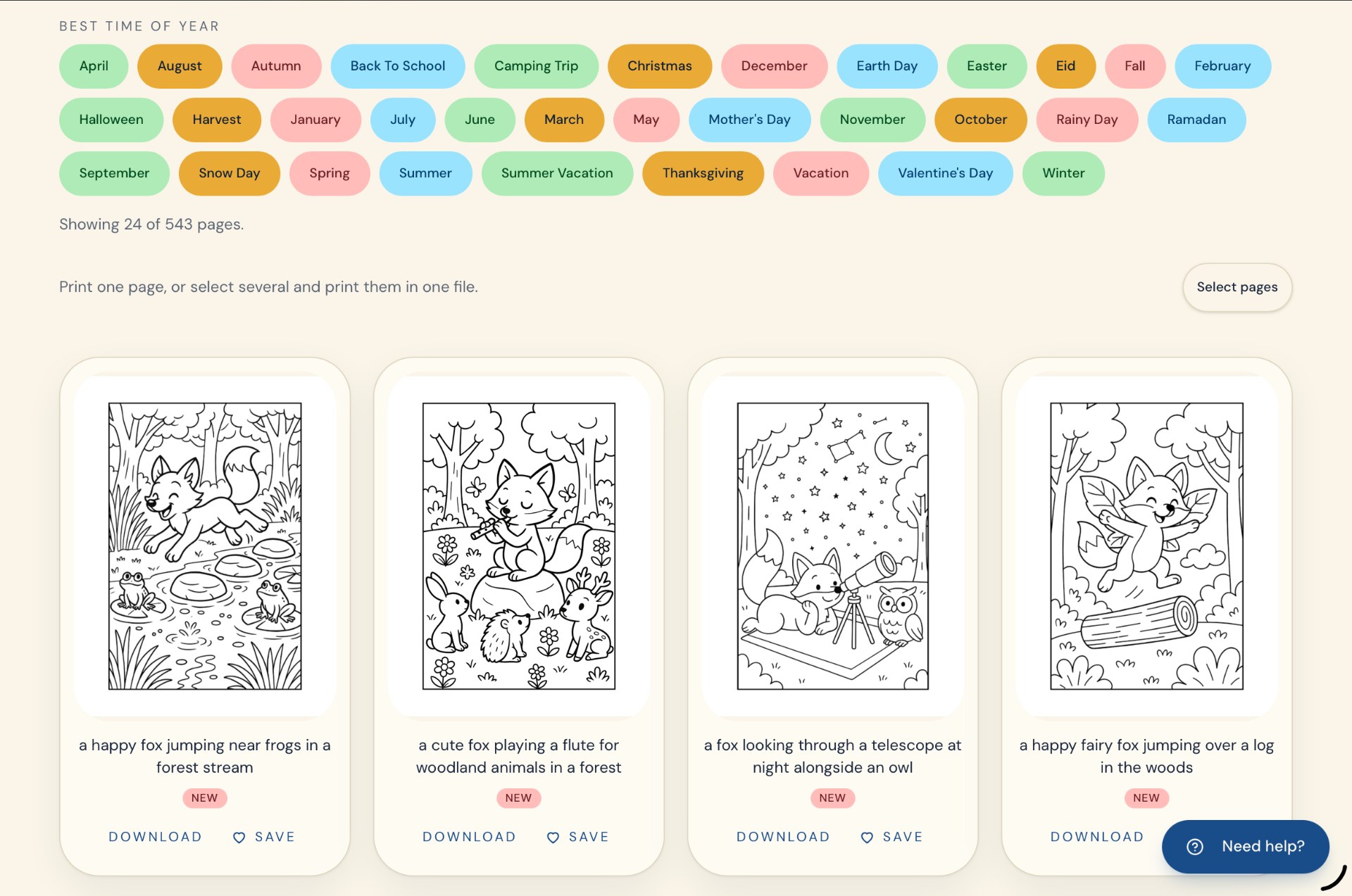 The library page with filter chips and a grid of coloring pages