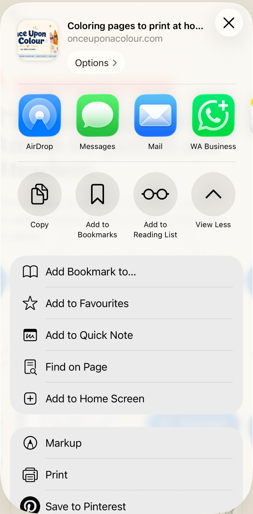 The iPhone share sheet with Add to Home Screen in the list