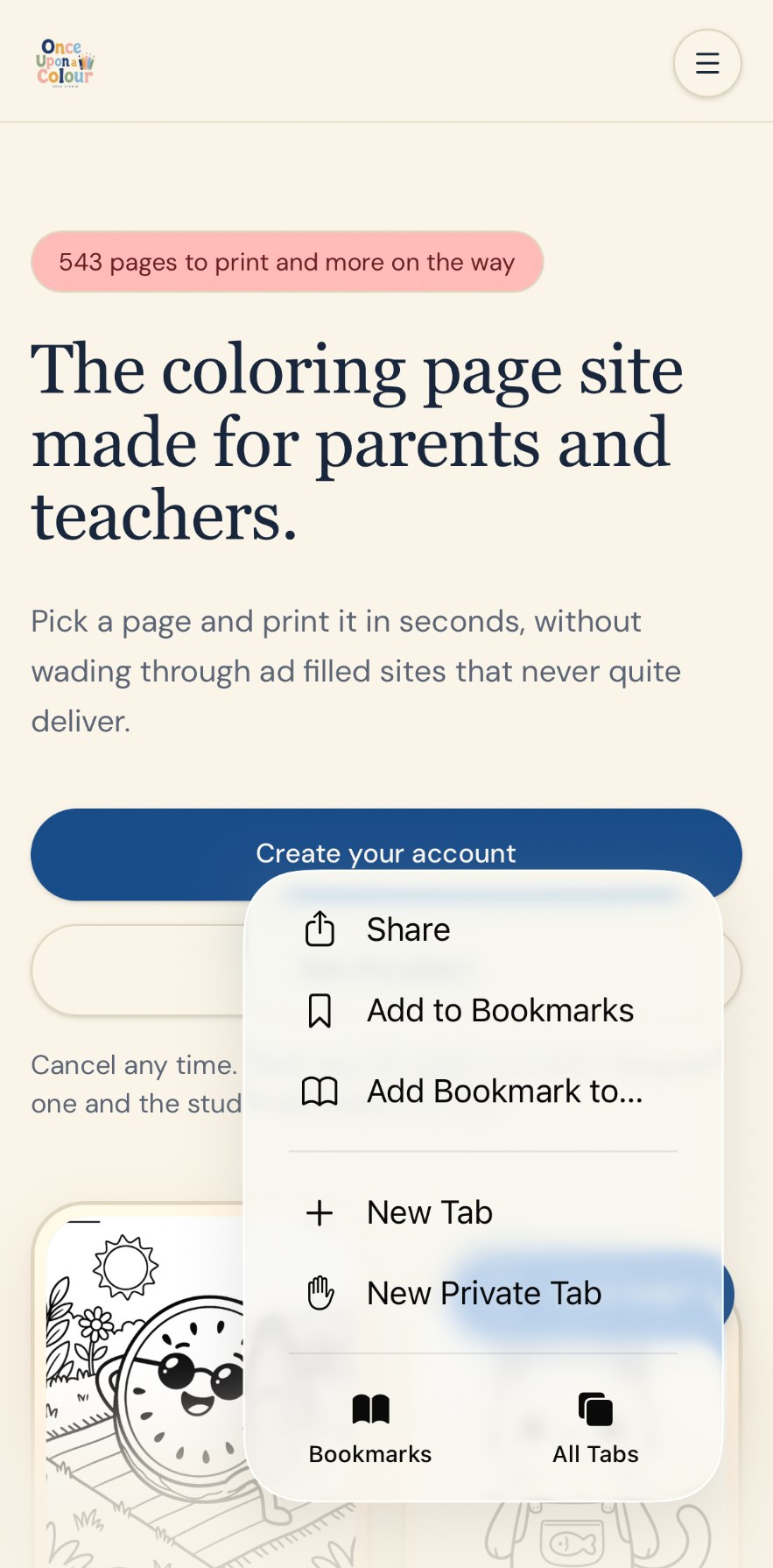 Safari on an iPhone with the Share option in the menu