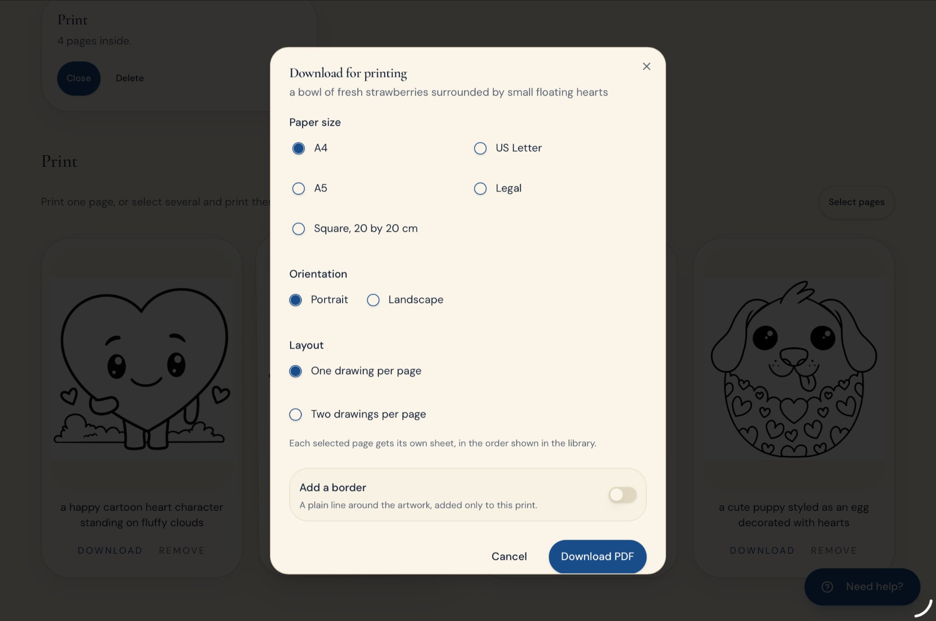 The download dialog with paper size, orientation, layout, and border options
