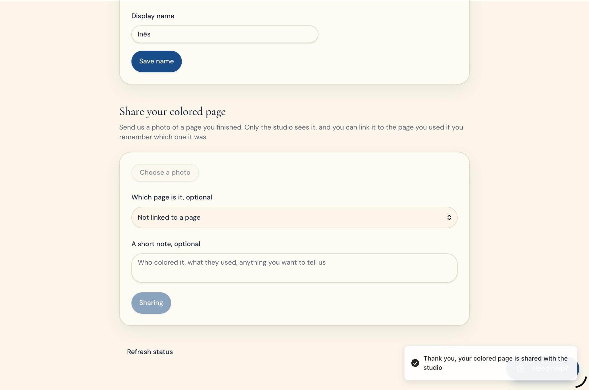 The account page form for sharing a coloured page with the studio