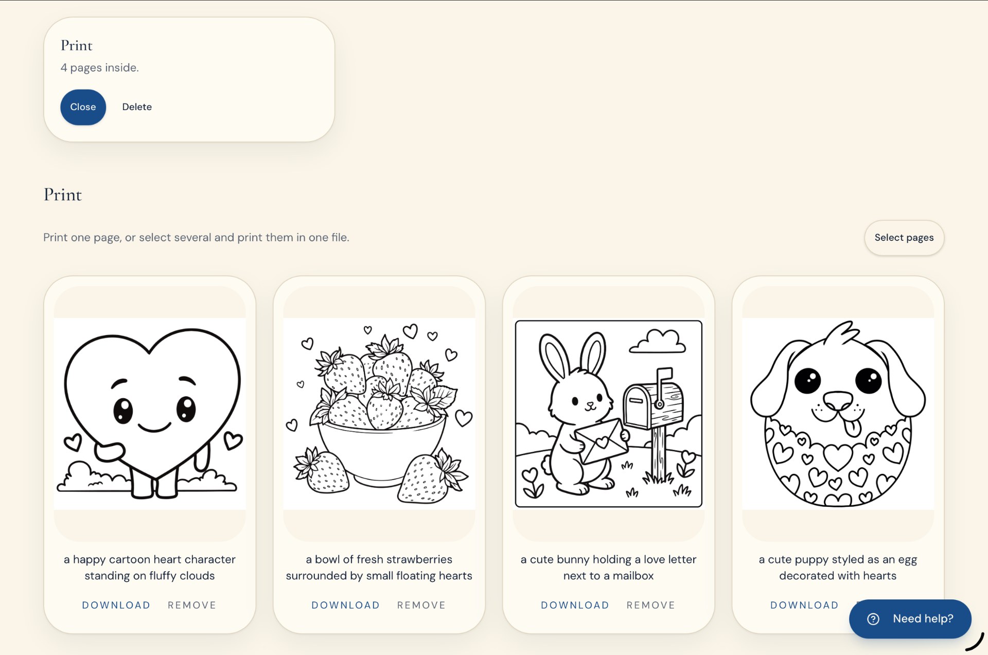 A saved collection with four pages and download actions